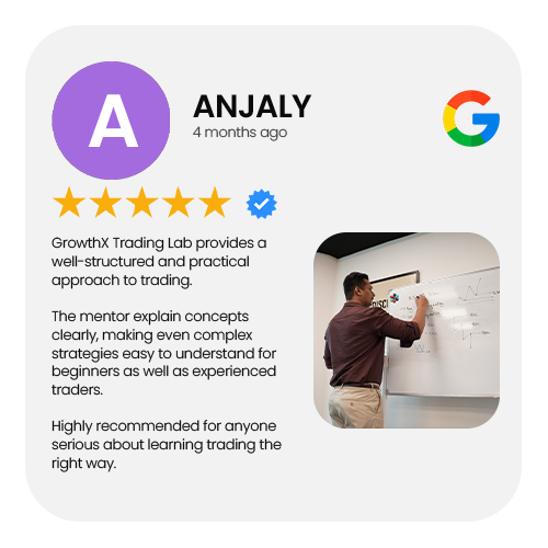 5-star Google review by ANJALY: GrowthX Trading Lab provides a well-structured and practical approach to trading. The mentor explain concepts clearly, making even complex strategies easy to understand for beginners as well as experienced traders. Highly recommended for anyone serious about learning trading the right way.